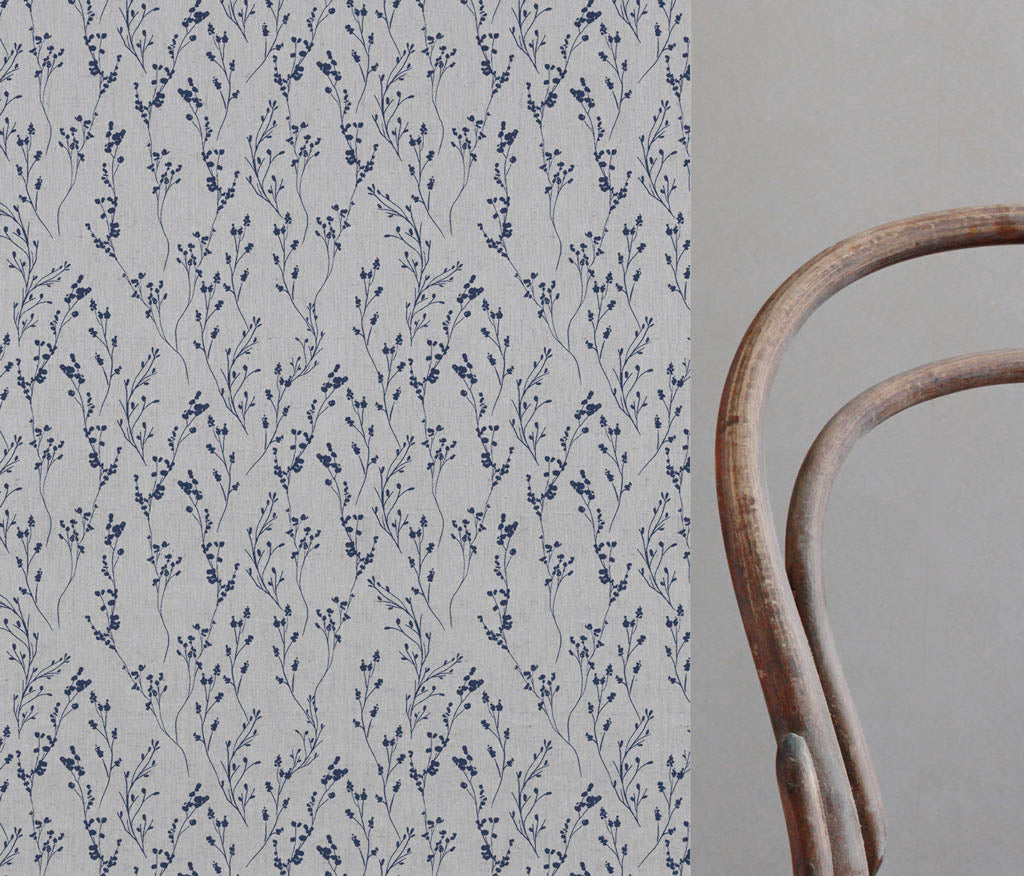 Saeeda Deep Blue - Natural curtain fabric with Dark Blue botanical print