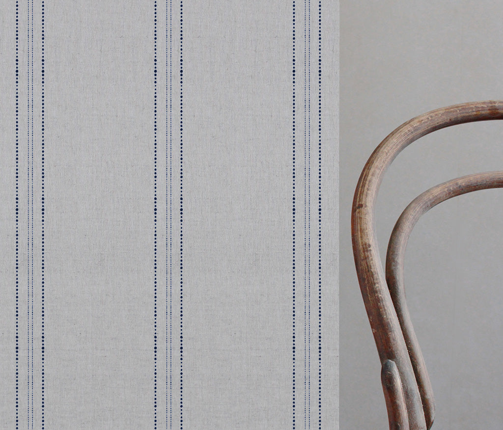 Reyna Deep Blue - Natural fabric with Dotted Striped Dark Blue print