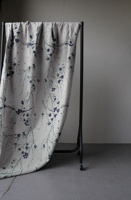 Berry Deep Blue - Botanical Dark Blue print on Linen Cotton fabric