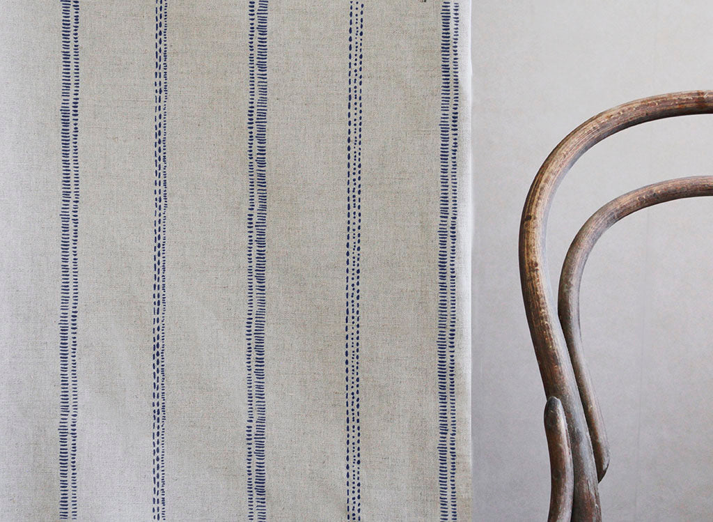 Rae Deep Blue - Curtain fabric with blue hand drawn stripes