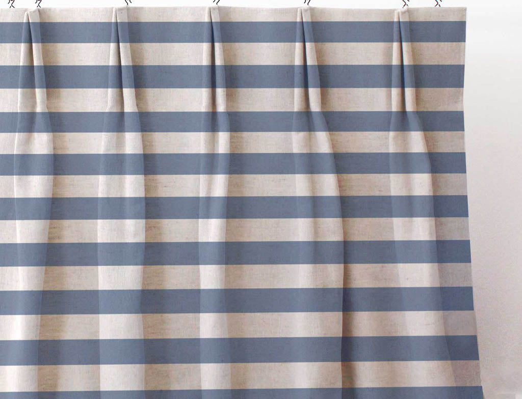 Della Denim - Natural linen mix curtain fabric, Blue horizontal stripes