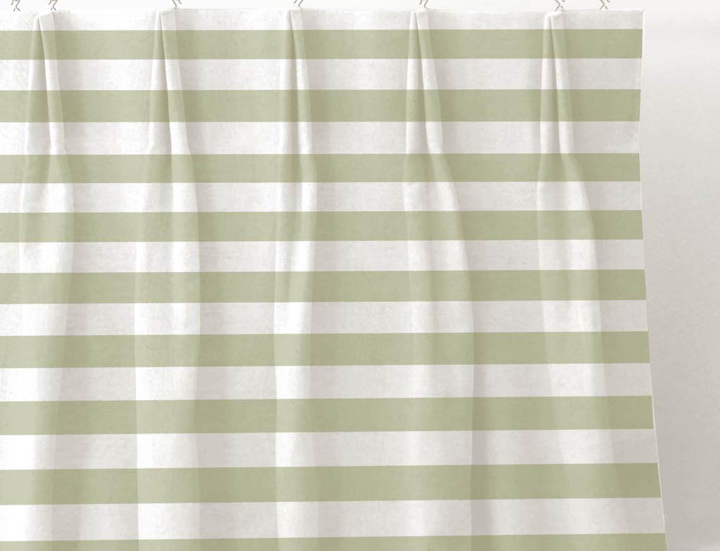 Della Moss-WHT - Linen curtain fabric, Green horizontal stripes