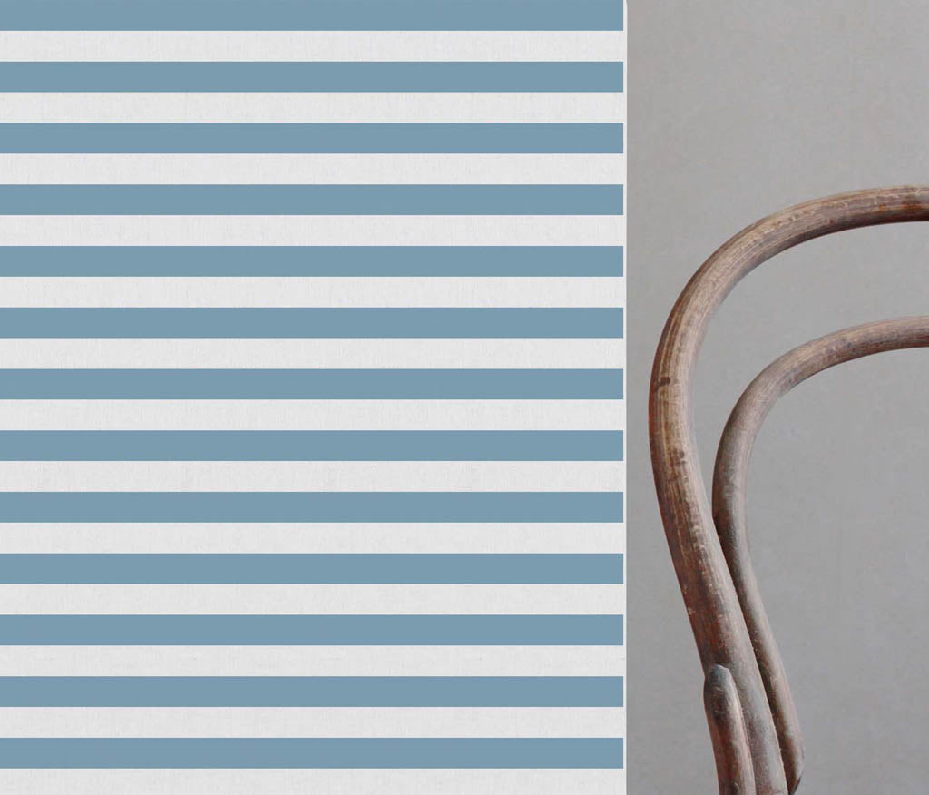 Della Paris Blue-WHT - Linen curtain fabric, Blue horizontal stripes