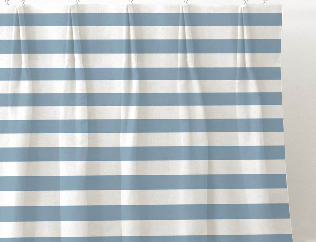 Della Paris Blue-WHT - Linen curtain fabric, Blue horizontal stripes