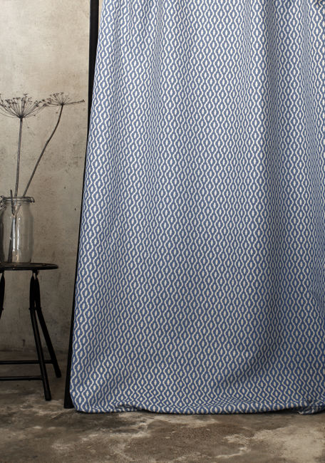 Oona Denim - White linen fabric, Blue abstract print