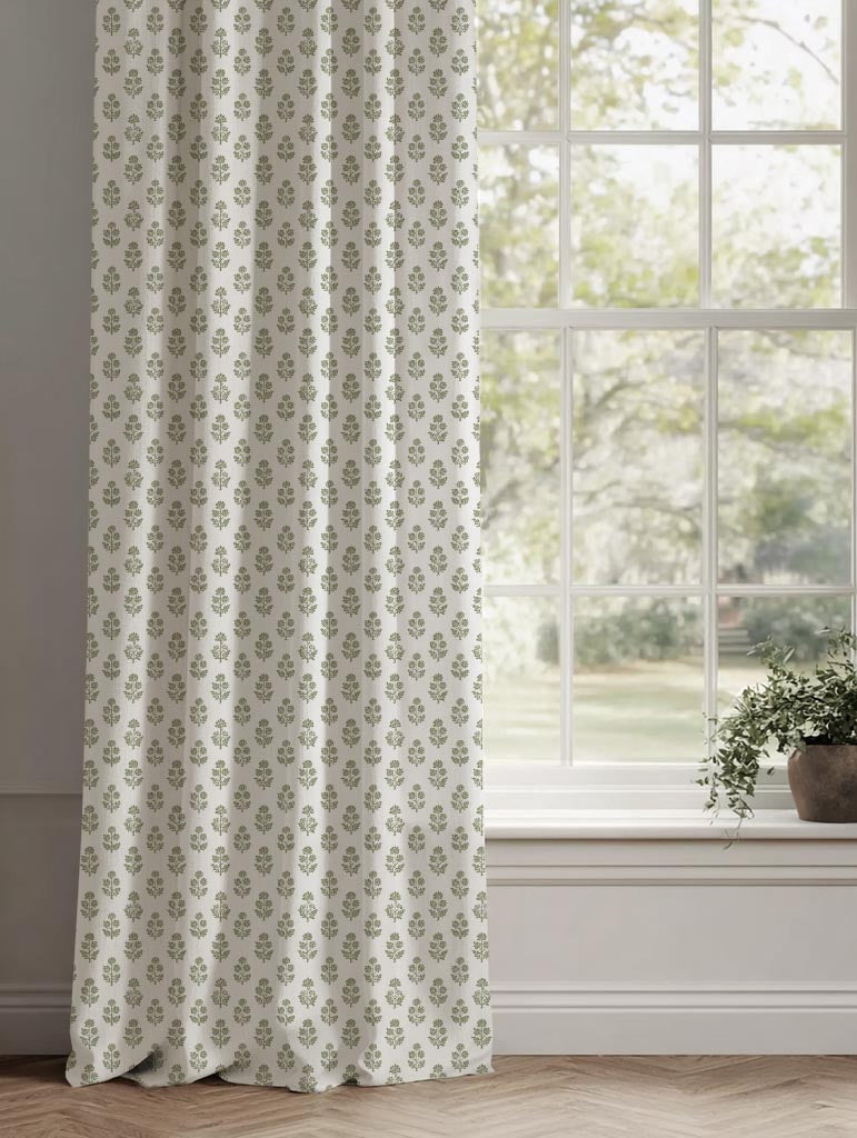 Green Floral Linen Curtain - Doris Moss-WHT - White base fabric.