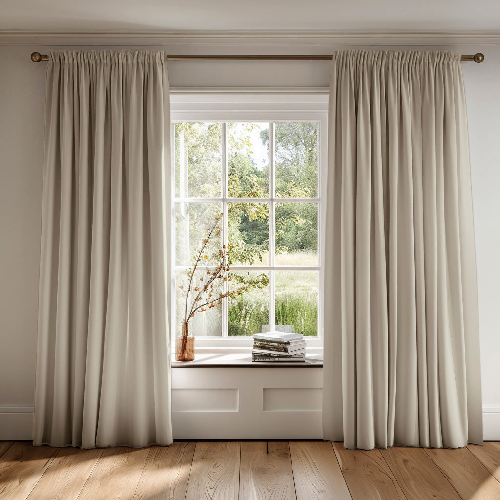 Grey curtains made of Amara Dove Mist 100% Cotton fabric