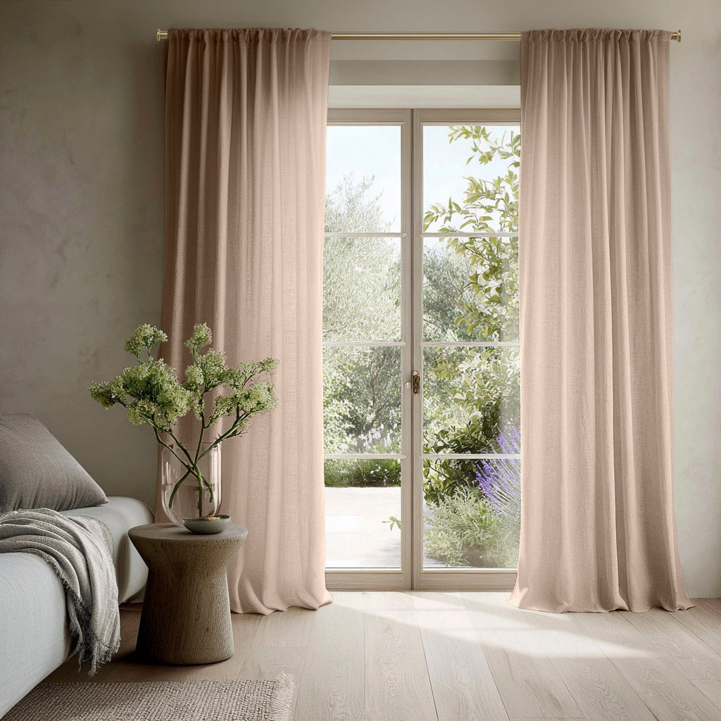 Pair of beige curtains made of Vilgot Dream Beige double width linen fabric