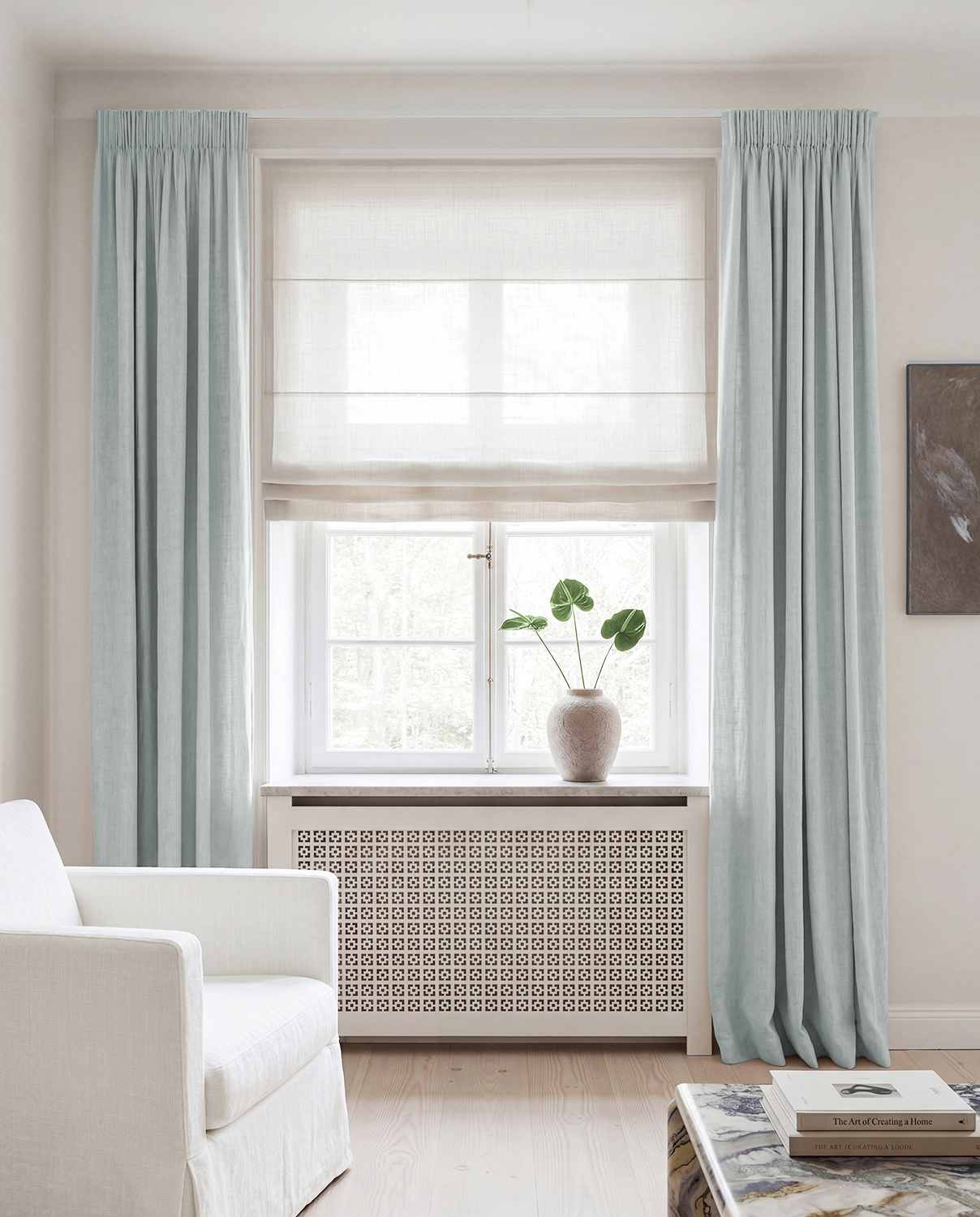Duck Egg Blue Linen curtains blackout lined - pre-washed linen. Bianco Duck Egg by Ada & Ina.