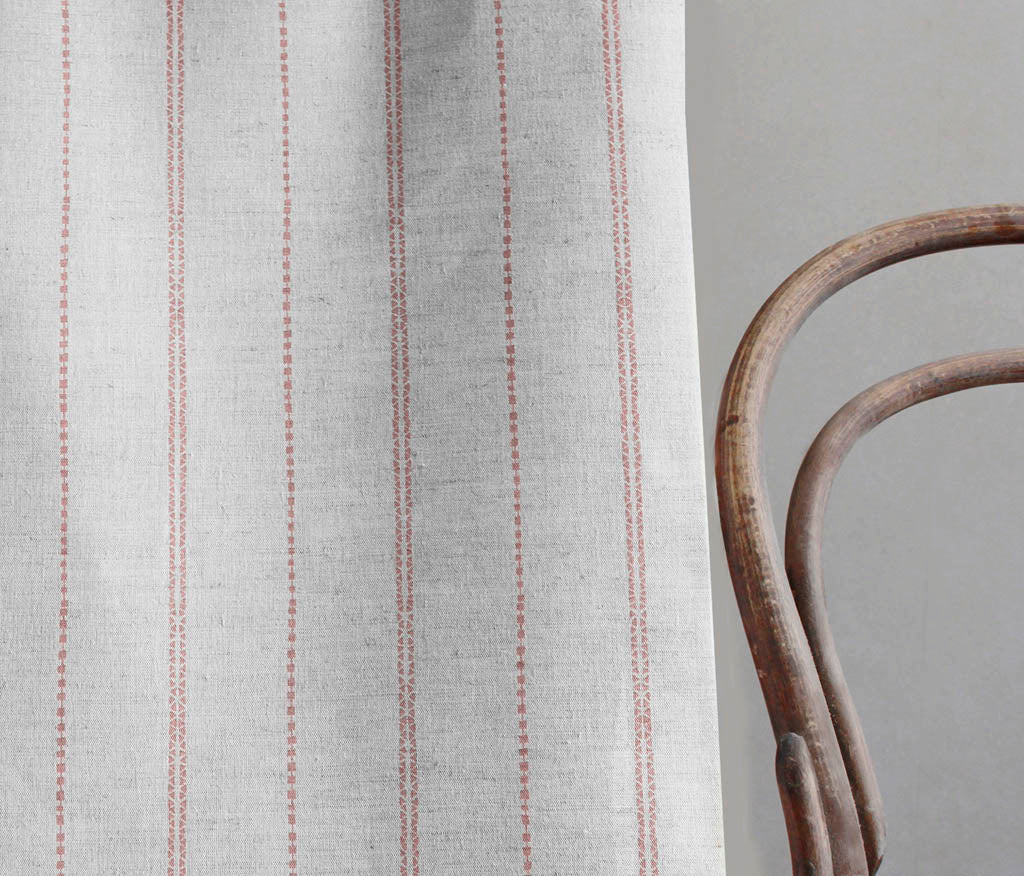 Inga-NAT Dusty Pink - Natural fabric with Pink decorative stripes, Linen Cotton mix
