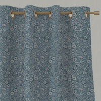 Blue Floral Linen Eyelet Curtain - Cheye Blue Stone - Natural base fabric.