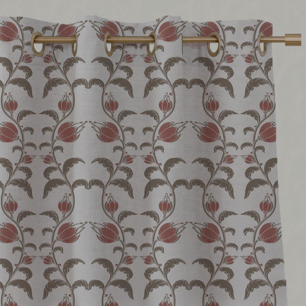 Red and Brown Patterned Linen Eyelet Curtain - Dana Red Pebble - Natural base fabric.