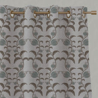 Green and Brown Patterned Linen Eyelet Curtain - Dana Sage Pebble - Natural base fabric.