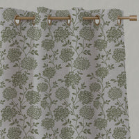 Green Floral Linen Eyelet Curtain - Hulsey Khaki - Natural base fabric.