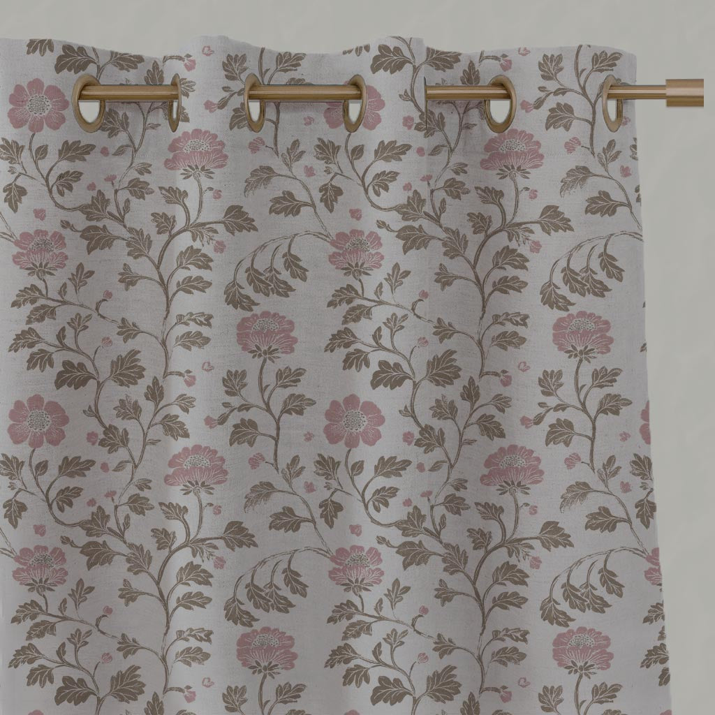 Pink Floral Linen Eyelet Curtain - Islie Dusty Pink - Natural base fabric.