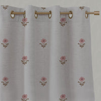 Pink and Brown Floral Linen Eyelet Curtain - Ksandra Pink Sand - Natural base fabric.