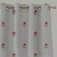 Red Floral Linen Eyelet Curtain - Ksandra Red - Natural base fabric.