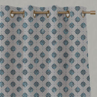 Blue Abstract Floral Linen Eyelet Curtain - Lany Blue Stone - Natural base fabric.
