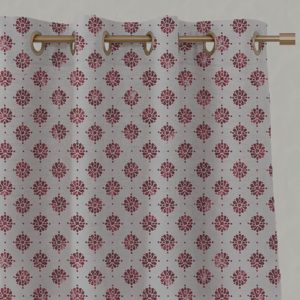 Red Abstract Floral Linen Eyelet Curtain - Lany Wine - Natural base fabric.