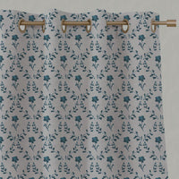 Blue Botanical Linen Eyelet Curtain - Lulani Blue Stone - Natural base fabric.