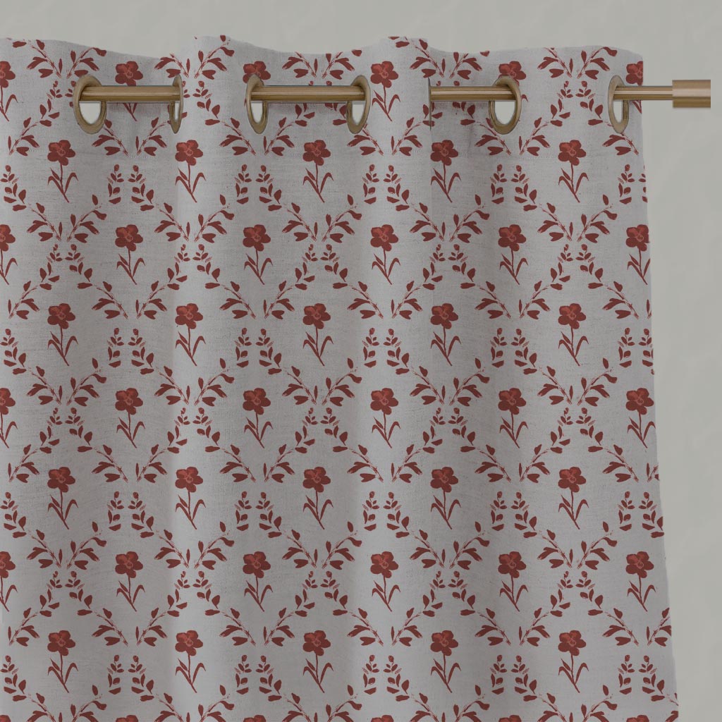 Red Botanical Linen Eyelet Curtain - Lulani Crimson Red - Natural base fabric.