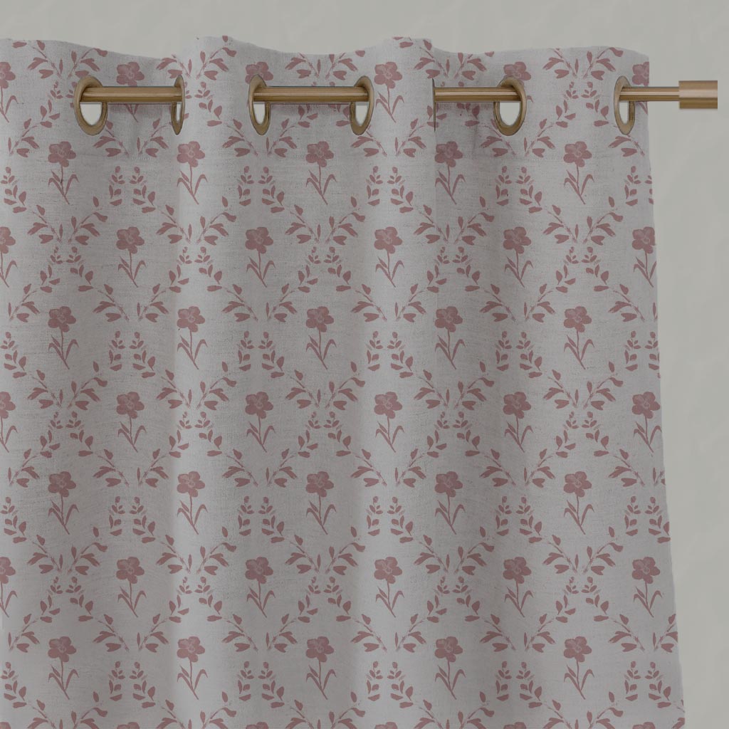 Pink Botanical Linen Eyelet Curtain - Lulani Dusty Pink - Natural base fabric.