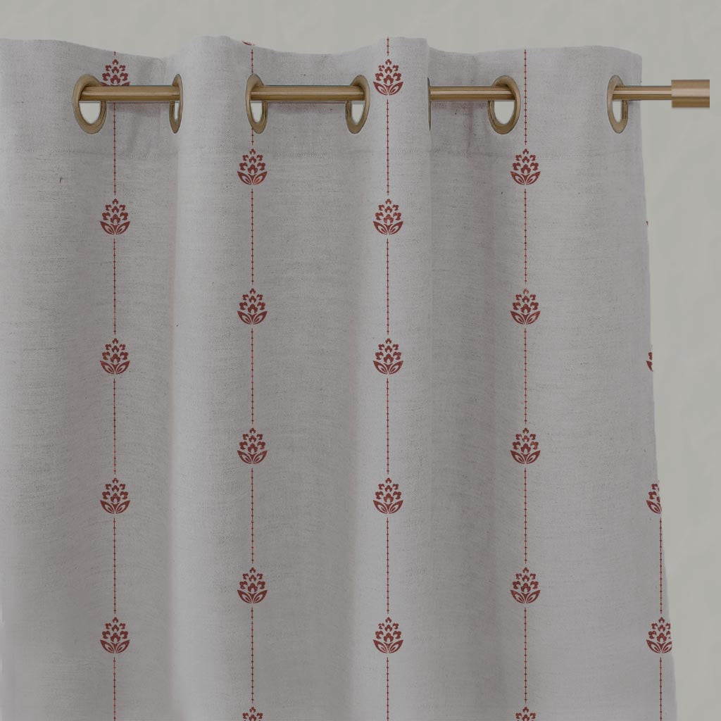 Red Patterned Stripe Linen Eyelet Curtain - Maybel Crimson Red - Natural base fabric.
