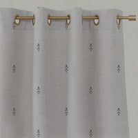 Grey Floral Linen Eyelet Curtains - Asli Ash - Natural base fabric.