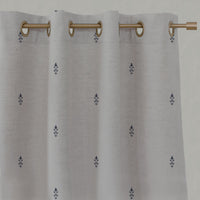 Blue Floral Linen Eyelet Curtains - Asli Deep Blue - Natural base fabric.