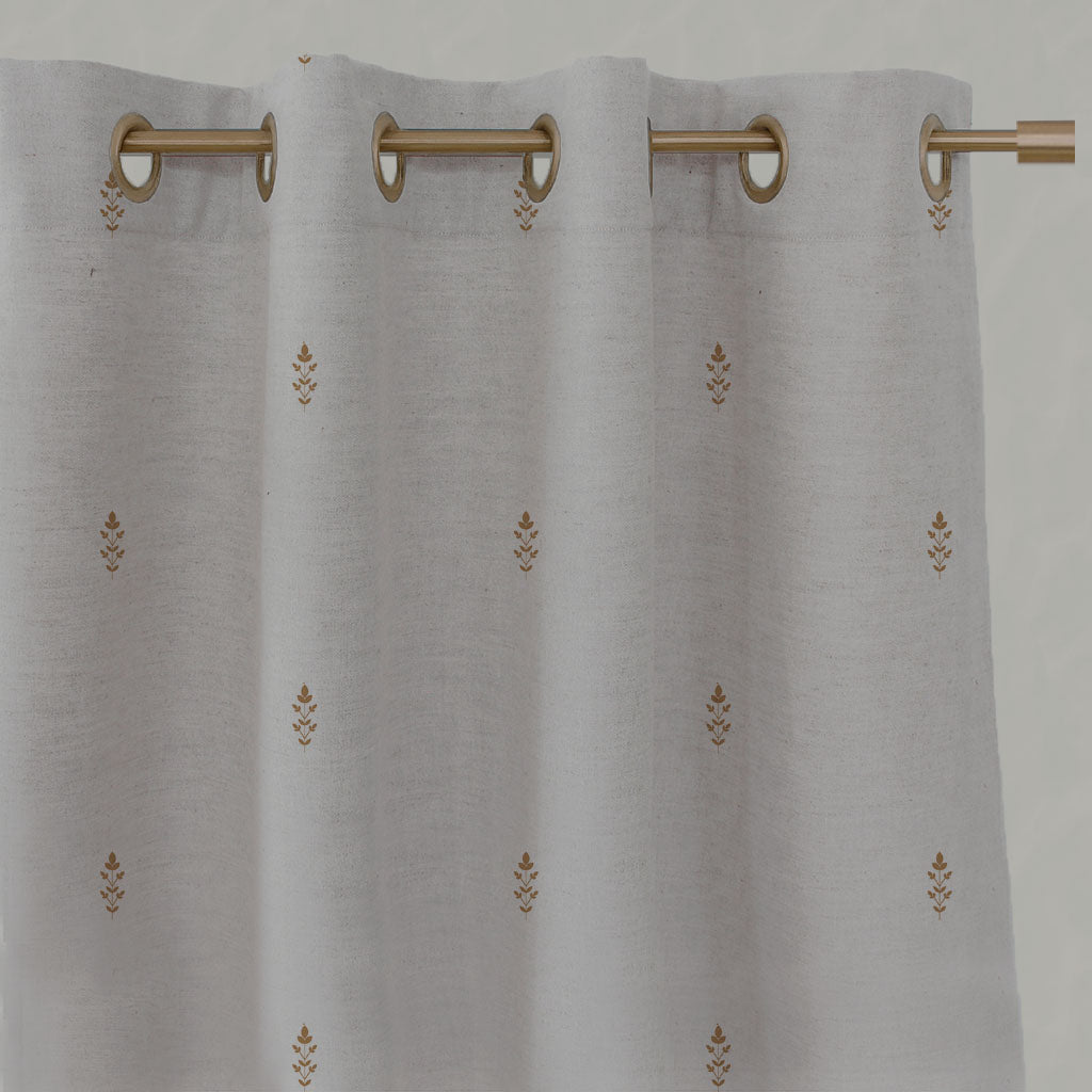 Orange / Yellow Floral Linen Eyelet Curtains - Asli Gold Ochre - Natural base fabric.