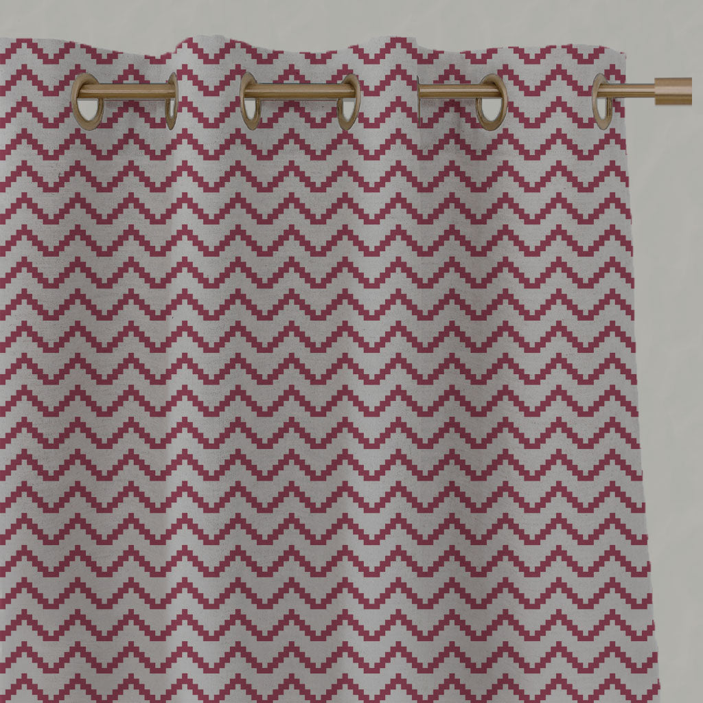 Red Patterned Linen Eyelet Curtains - Azig Cherry - Natural base fabric.
