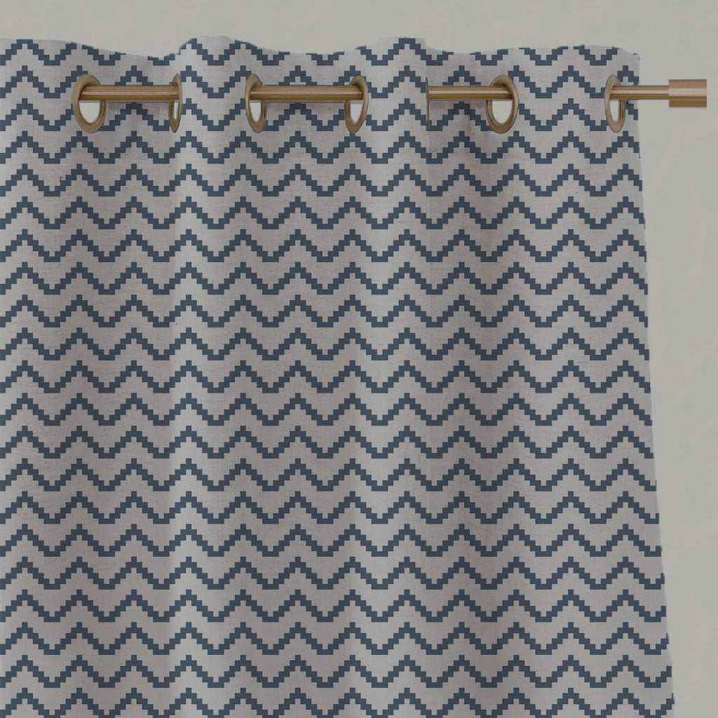 Blue Patterned Linen Eyelet Curtains - Azig Denim - Natural base fabric.
