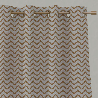 Orange / Yellow Patterned Linen Eyelet Curtains - Azig Gold Ochre - Natural base fabric.