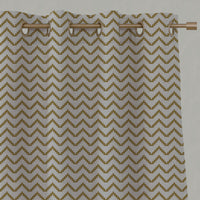 Yellow Patterned Linen Eyelet Curtains - Azig Gold Rod - Natural base fabric.