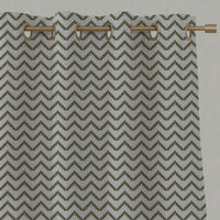 Green Patterned Linen Eyelet Curtains - Azig Khaki - Natural base fabric.