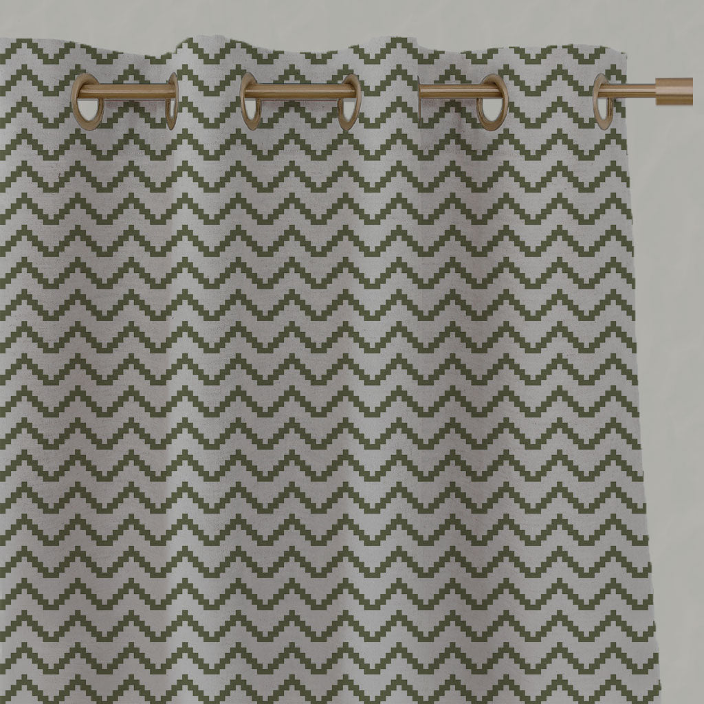 Green Patterned Linen Eyelet Curtains - Azig Khaki - Natural base fabric.