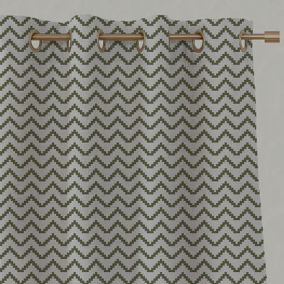 Green Patterned Linen Eyelet Curtains - Azig Khaki - Natural base fabric.