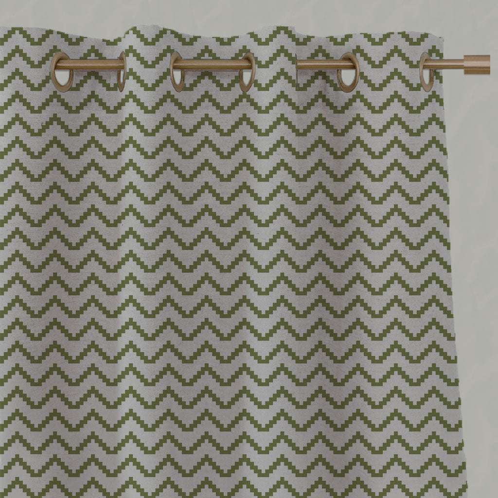Green Patterned Linen Eyelet Curtains - Azig Leaf - Natural base fabric.