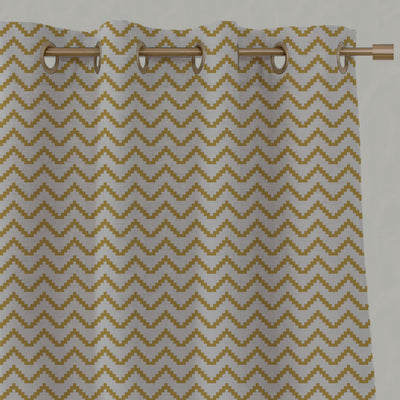 Yellow Patterned Linen Eyelet Curtains - Azig Mustard - Natural base fabric.
