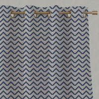 Blue Patterned Linen Eyelet Curtains - Azig NightBlue - Natural base fabric.