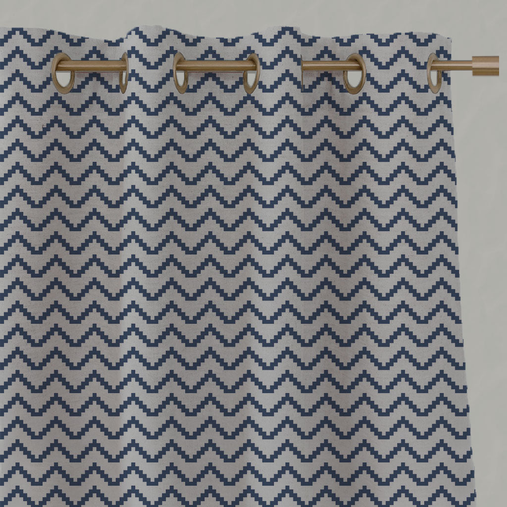 Blue Patterned Linen Eyelet Curtains - Azig NightBlue - Natural base fabric.