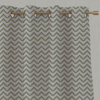 Green Patterned Linen Eyelet Curtains - Azig Olive - Natural base fabric.