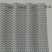 Green Patterned Linen Eyelet Curtains - Azig Sage - Natural base fabric.
