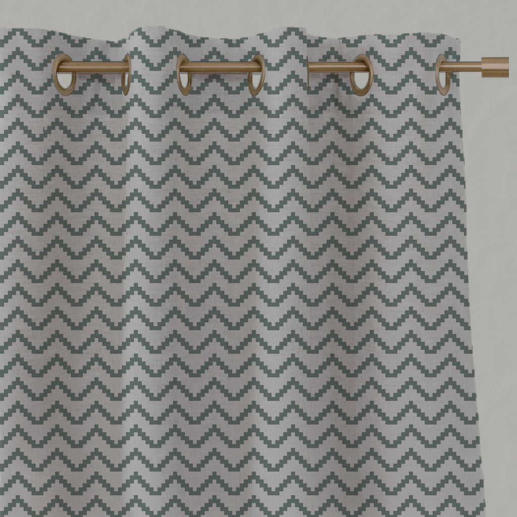 Green Patterned Linen Eyelet Curtains - Azig Sage - Natural base fabric.