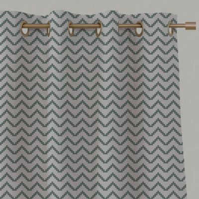 Green Patterned Linen Eyelet Curtains - Azig Sage - Natural base fabric.