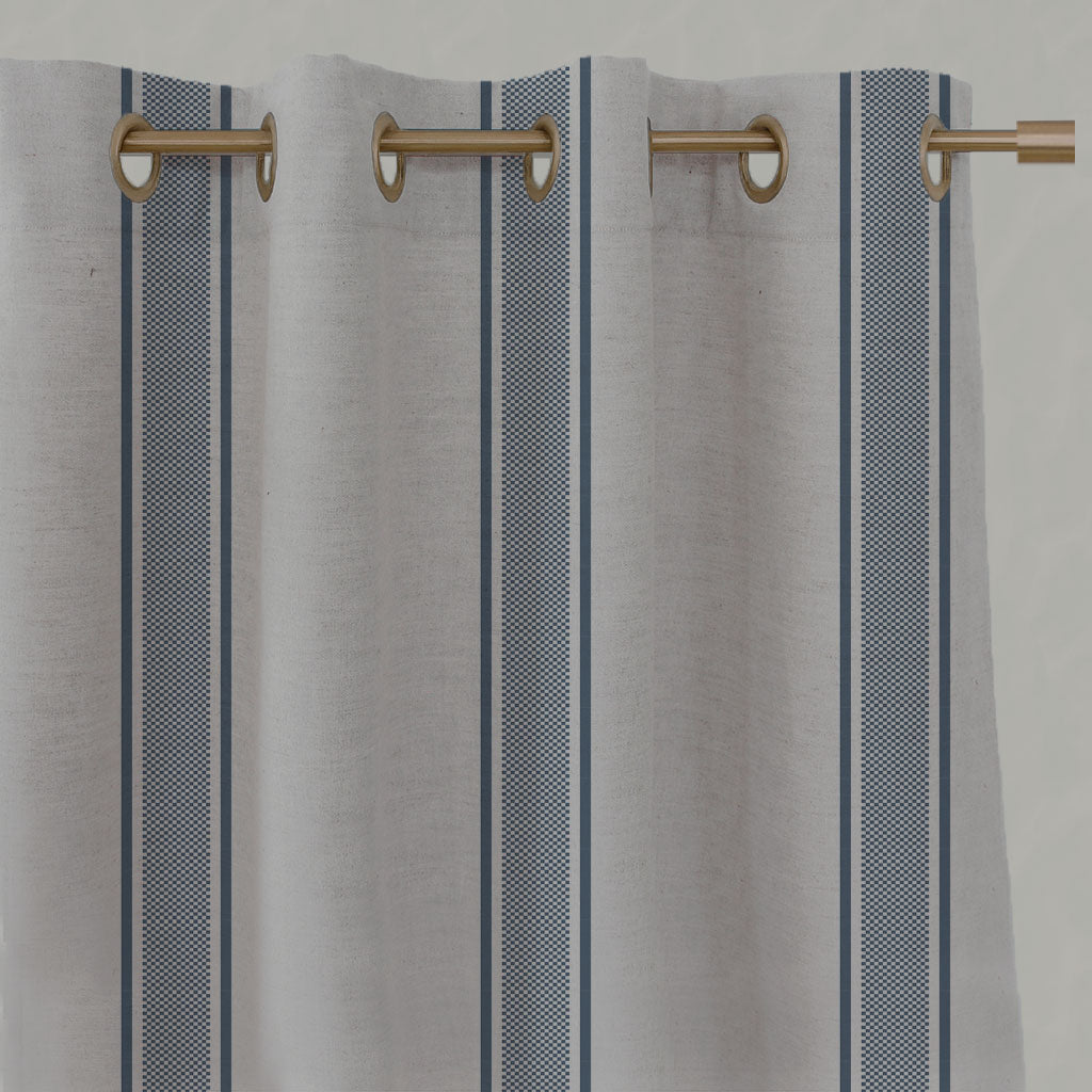 Blue Striped Linen Eyelet Curtains - Bella Denim - Natural base fabric.