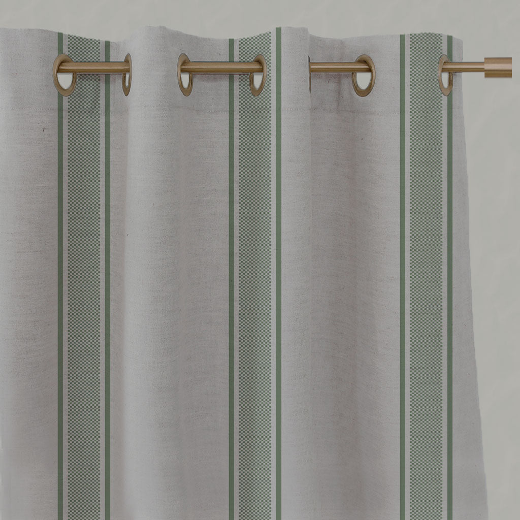 Green Striped Linen Eyelet Curtains - Bella Jade Mist - Natural base fabric.