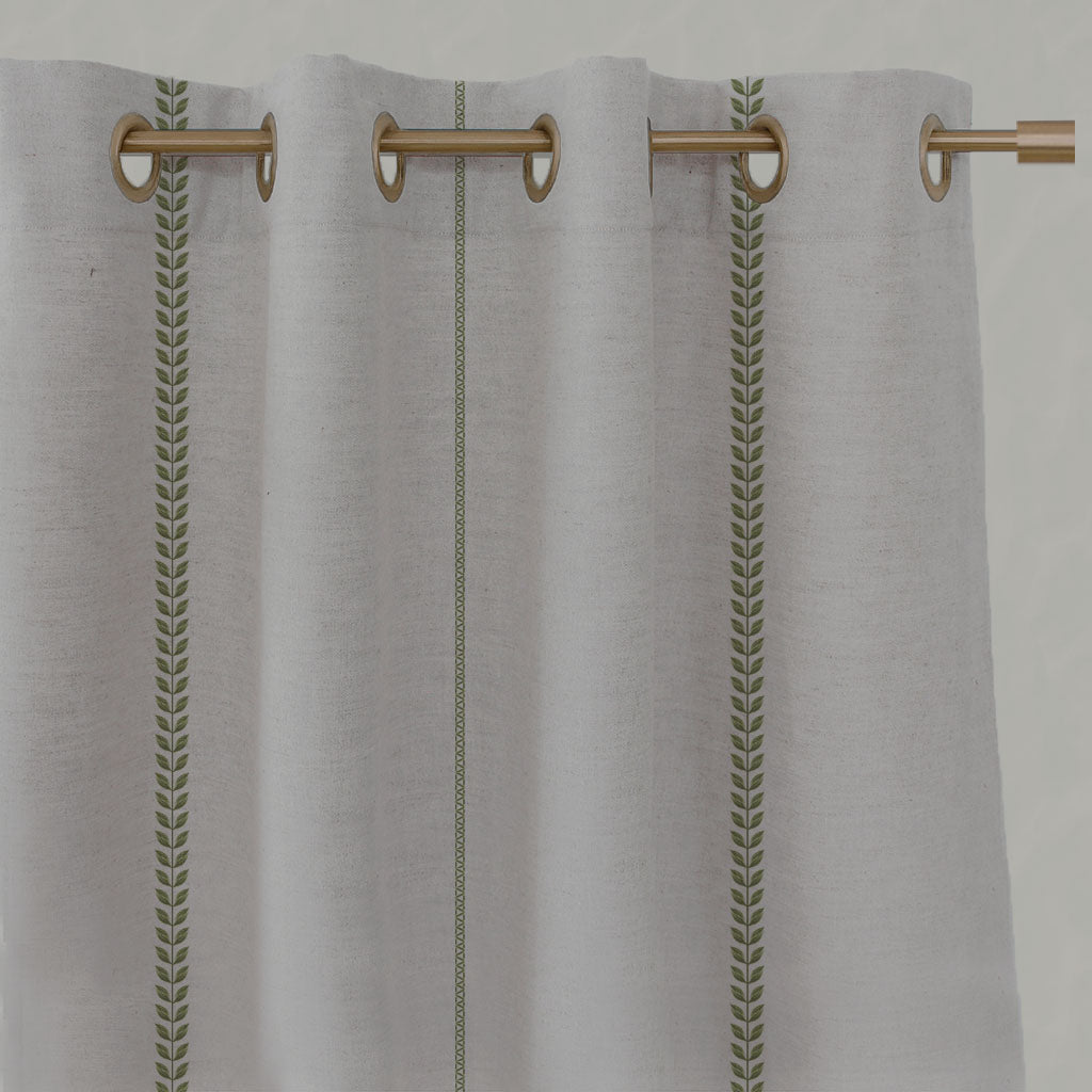 Green Striped Linen Eyelet Curtains - Berit-NAT Khaki - Natural base fabric.