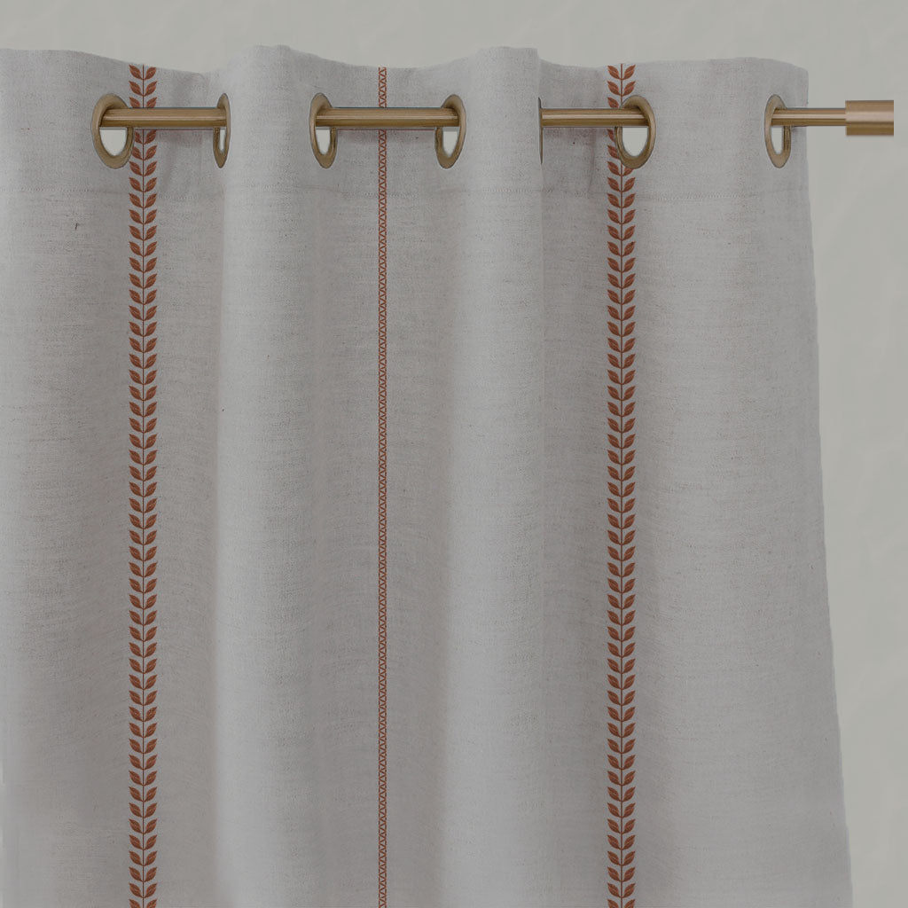 Red / Orange Striped Linen Eyelet Curtains - Berit-NAT Terracotta - Natural base fabric.