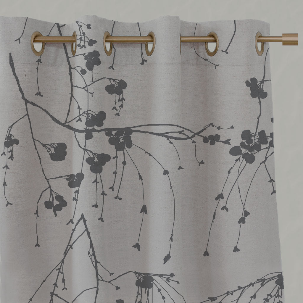 Grey Botanical Linen Eyelet Curtains - Berry Ash - Natural base fabric.